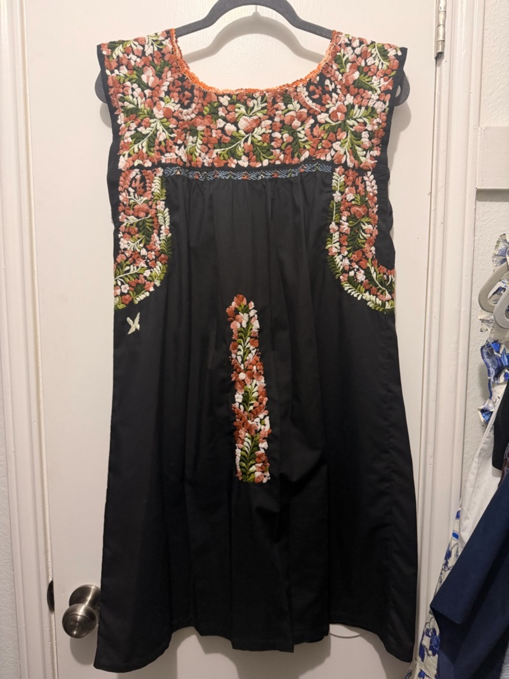 Mi Golondrina Black Top with Orange, Green & Cream Embroidery